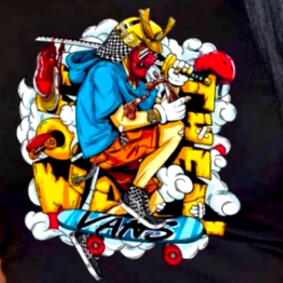 Graffiti Cartoon Character W/VANS Skater 🛹 & Shoes Black T-Shirt Unisex - Picture 1 of 5